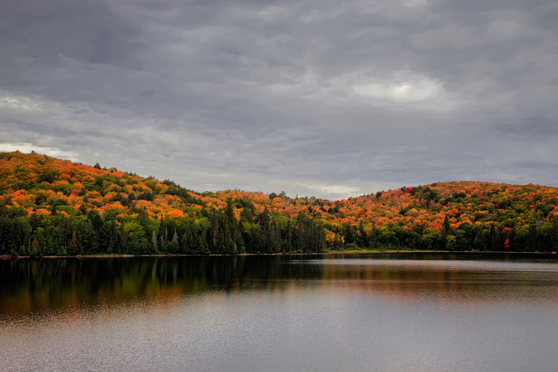A canoe on a still lake in Algonquin Park at dawn